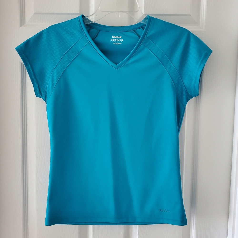 Reebok Womens PlayDry V-Neck Short Sleeve Athletic Top | Like New | S | Teal Blu